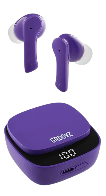 Groovz True Wireless Earbuds in Deep Purple with LED Display Charging Case – 26H Battery Life, Bluetooth 5.3, and Modern Minimalist Design