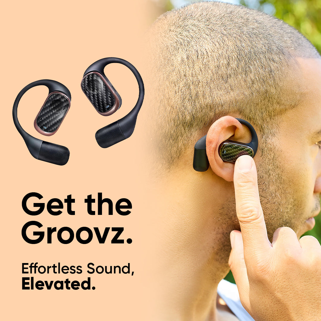 Groovz Pro Open-Ear Wireless Earbuds in Carbon Fiber – Shown in Use with Touch Controls, Designed for Active Fit and Elevated Sound