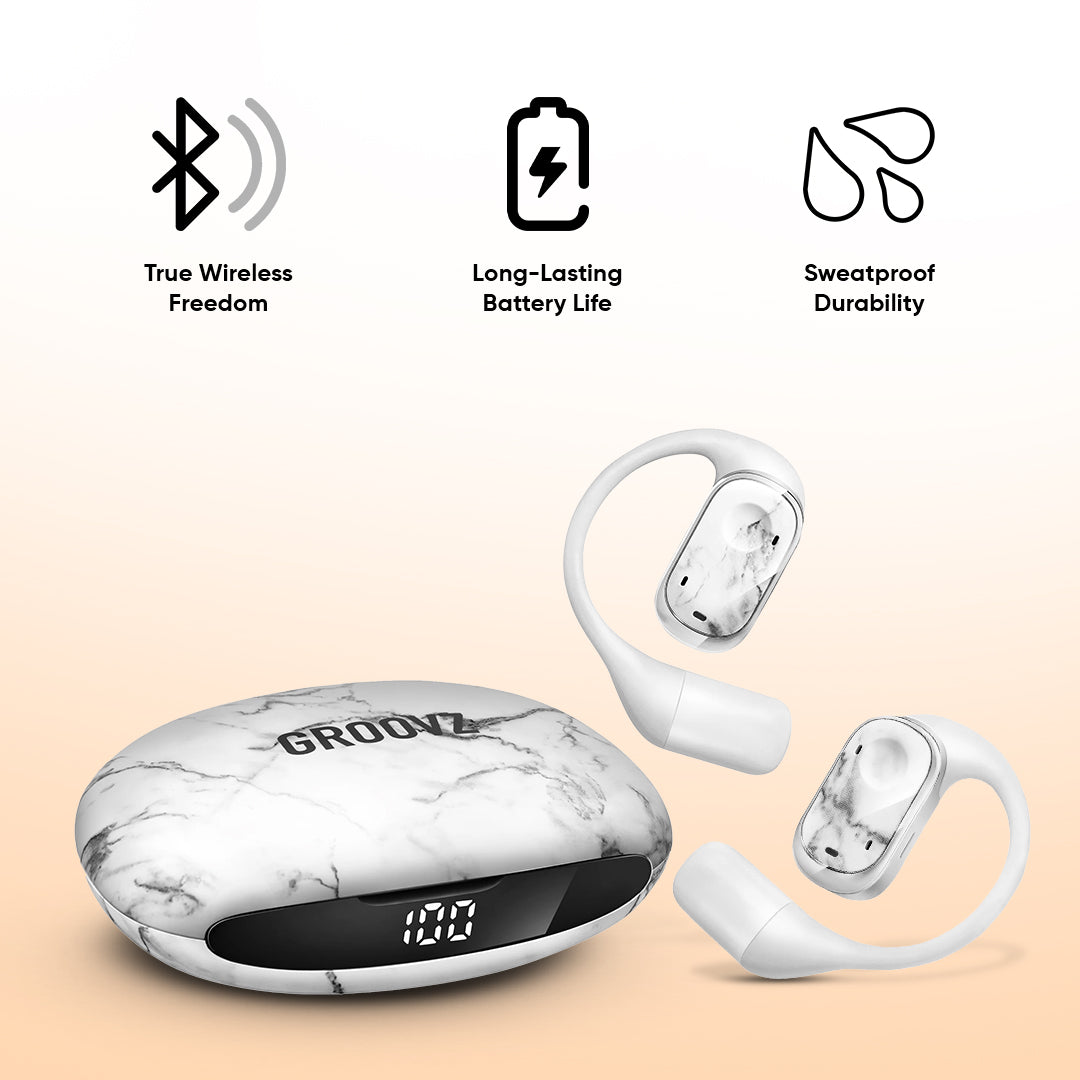 Groovz Open-Ear Wireless Headphones in White Marble with LED Case – Sweatproof, Bluetooth 5.3, and 30H Battery Life