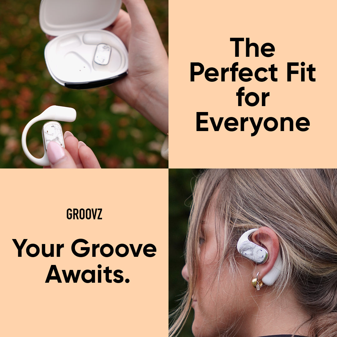 Groovz Open-Ear Headphones in White Marble – Shown in Charging Case and Worn by Model, Designed for a Comfortable Fit for Everyone