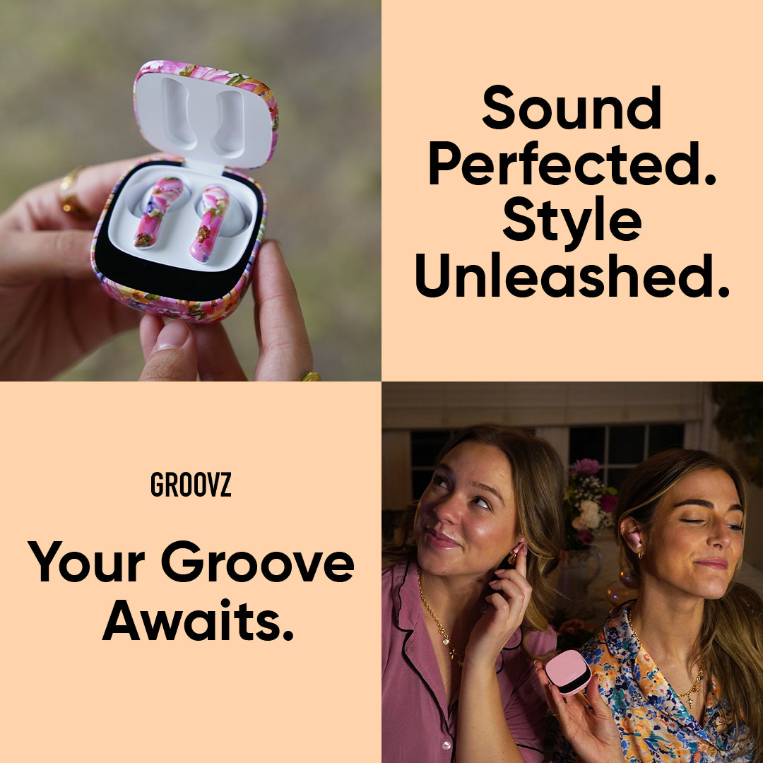 Groovz True Wireless Earbuds in Floral Print – Shown with Charging Case and Worn by Two Smiling Users in Lifestyle Setting