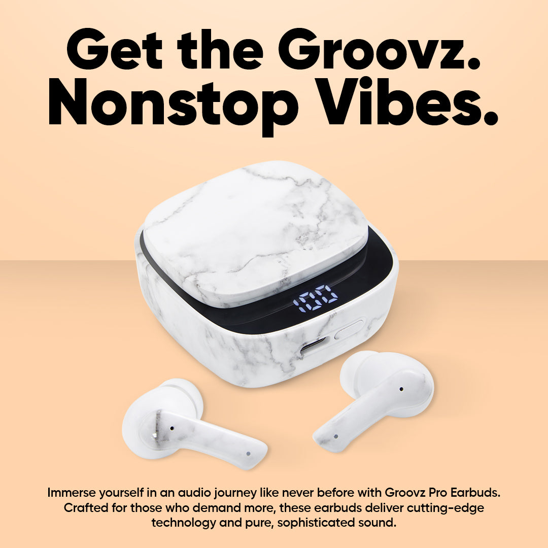 Groovz Pro Earbuds in White Marble – LED Display Case, Stylish Wireless Audio for Sophisticated Everyday Listening
