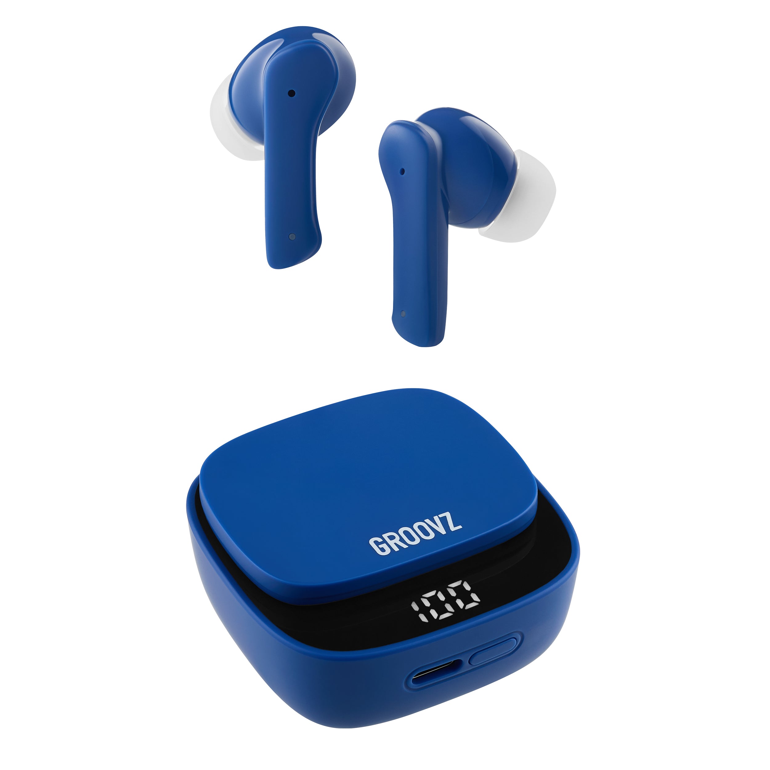 Groovz True Wireless Earbuds in Classic Blue with LED Display Charging Case – 26H Battery Life, Bluetooth 5.3, and Modern Minimalist Design