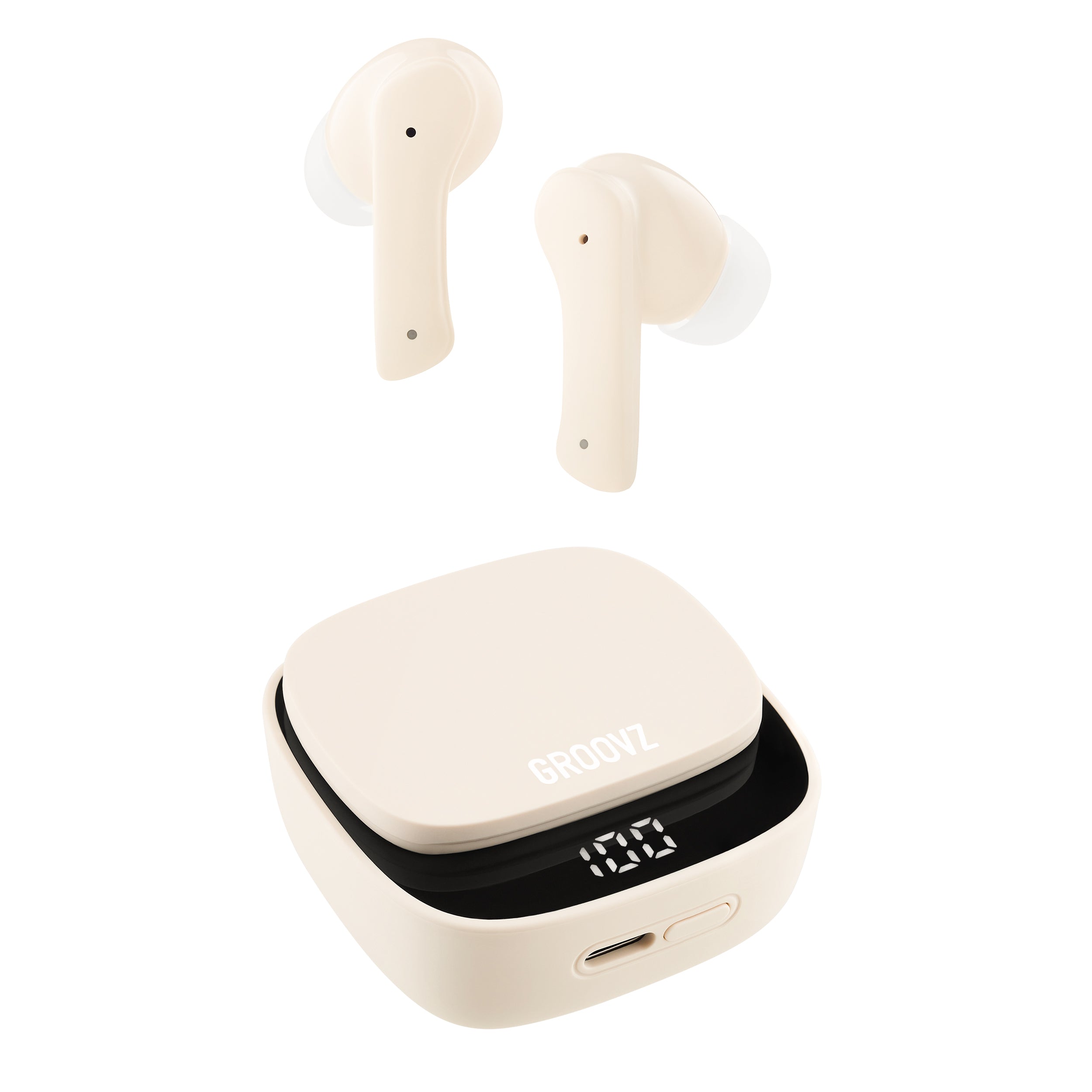 Groovz True Wireless Earbuds in Ivory with LED Display Charging Case – 26H Battery Life, Bluetooth 5.3, and Modern Minimalist Design