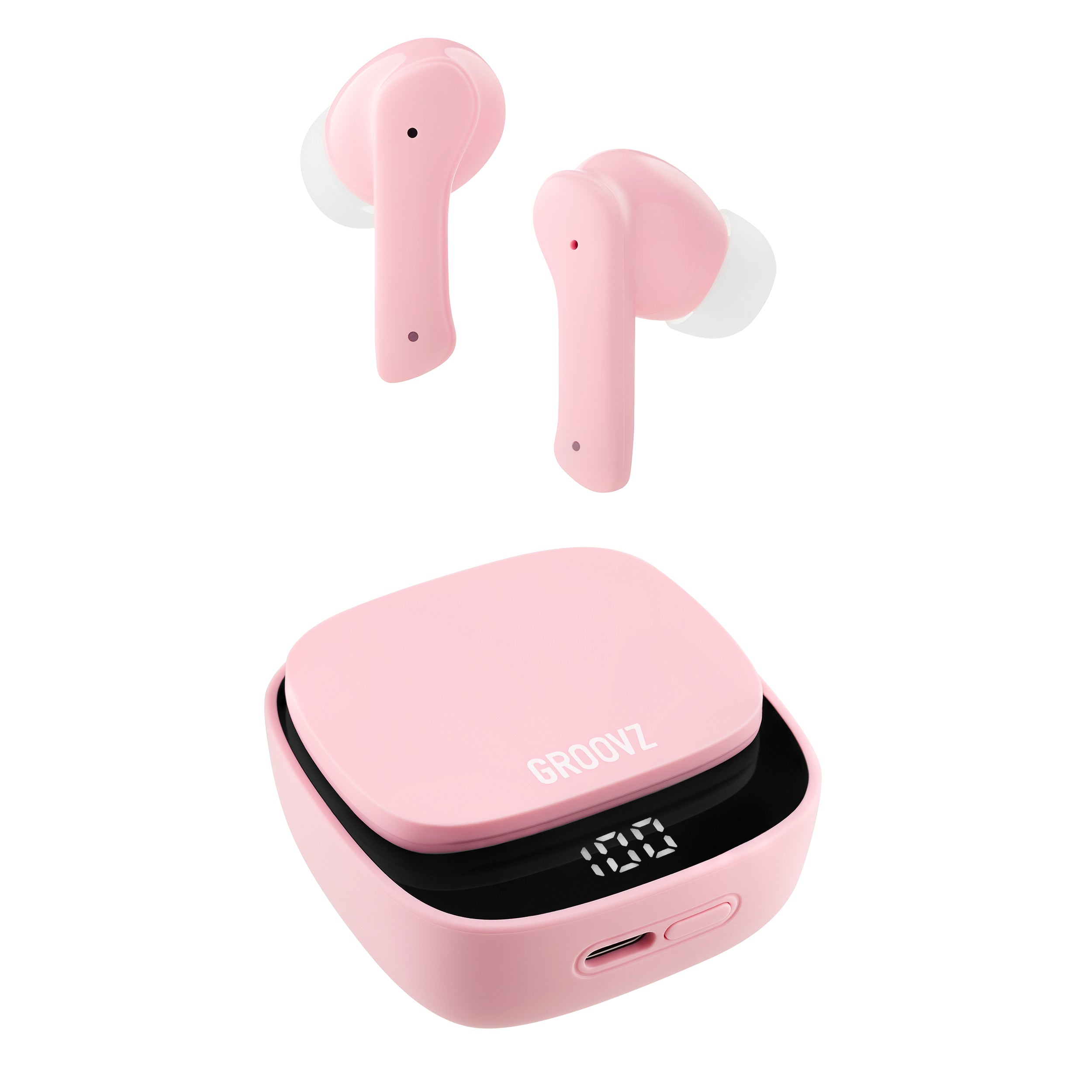 Groovz True Wireless Earbuds in Pink with LED Display Charging Case – 26H Battery Life, Bluetooth 5.3, and Modern Minimalist Design