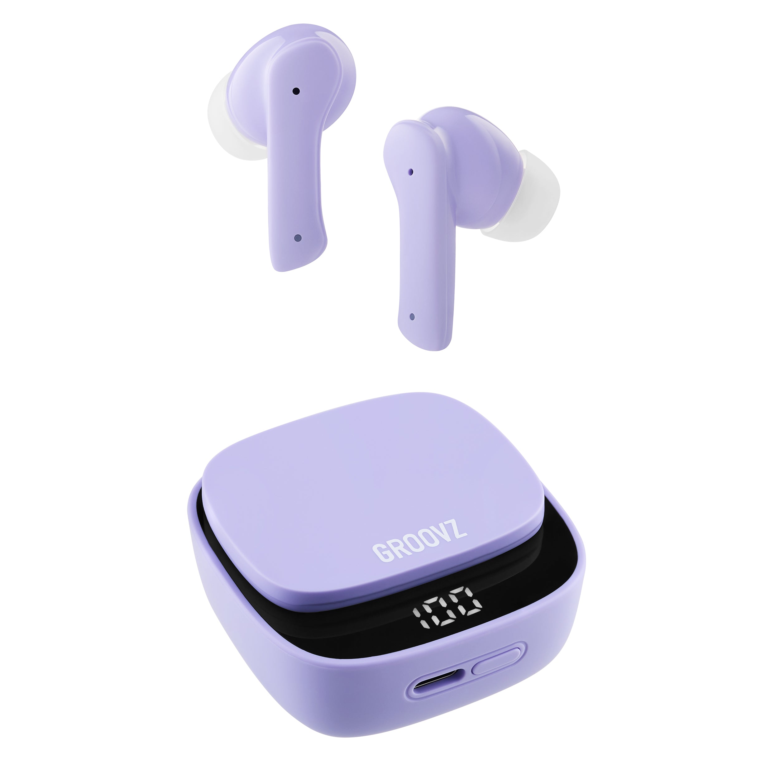 Groovz True Wireless Earbuds in Lilac with LED Display Charging Case – 26H Battery Life, Bluetooth 5.3, and Modern Minimalist Design