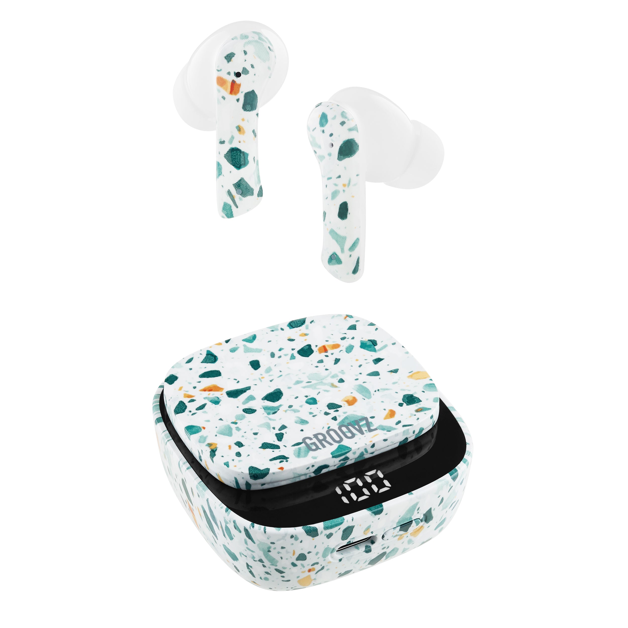Groovz True Wireless Earbuds in Terrazzo print with LED Display Charging Case – 26H Battery Life, Bluetooth 5.3, and Modern Minimalist Design