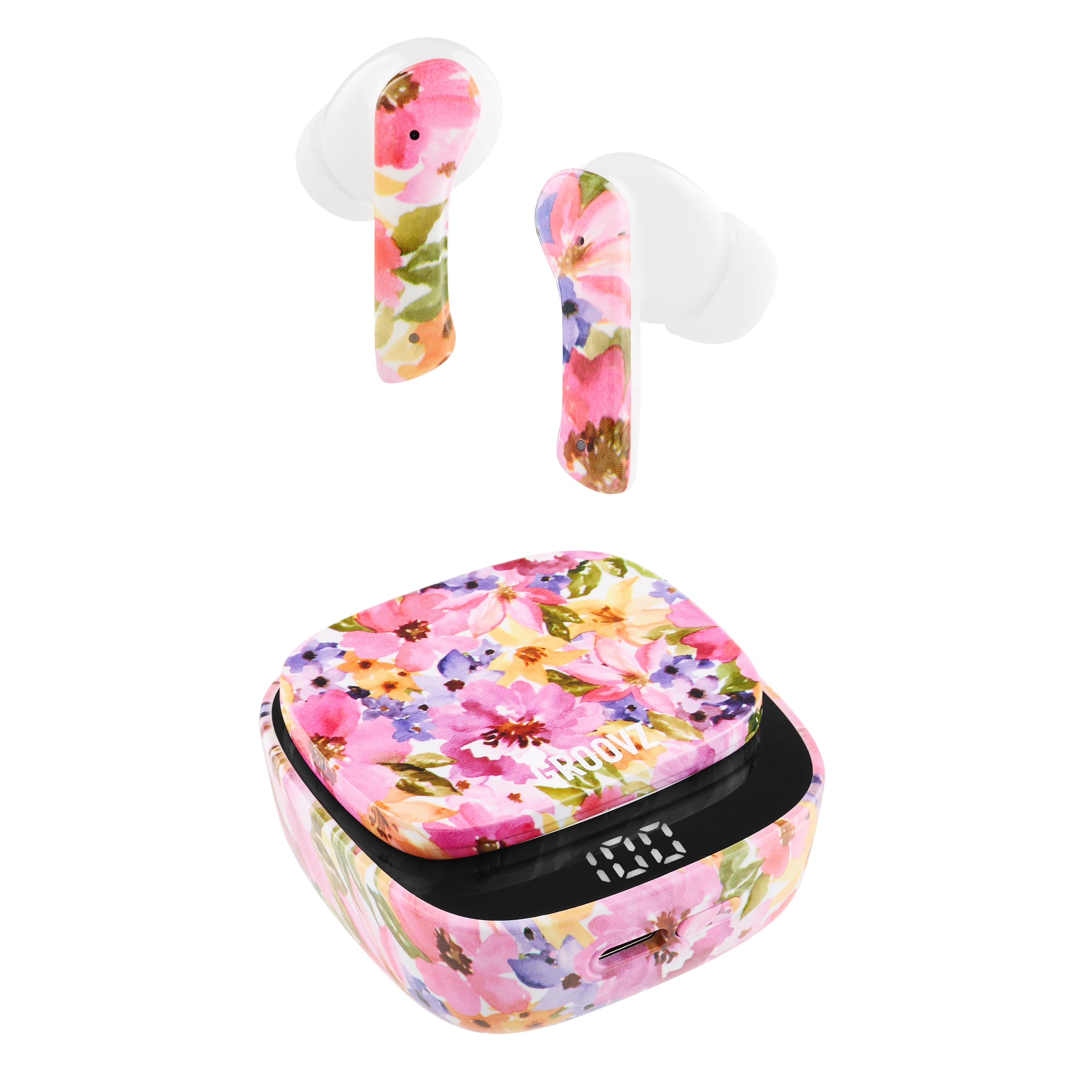 Groovz True Wireless Earbuds in Floral print with LED Display Charging Case – 26H Battery Life, Bluetooth 5.3, and Modern Minimalist Design