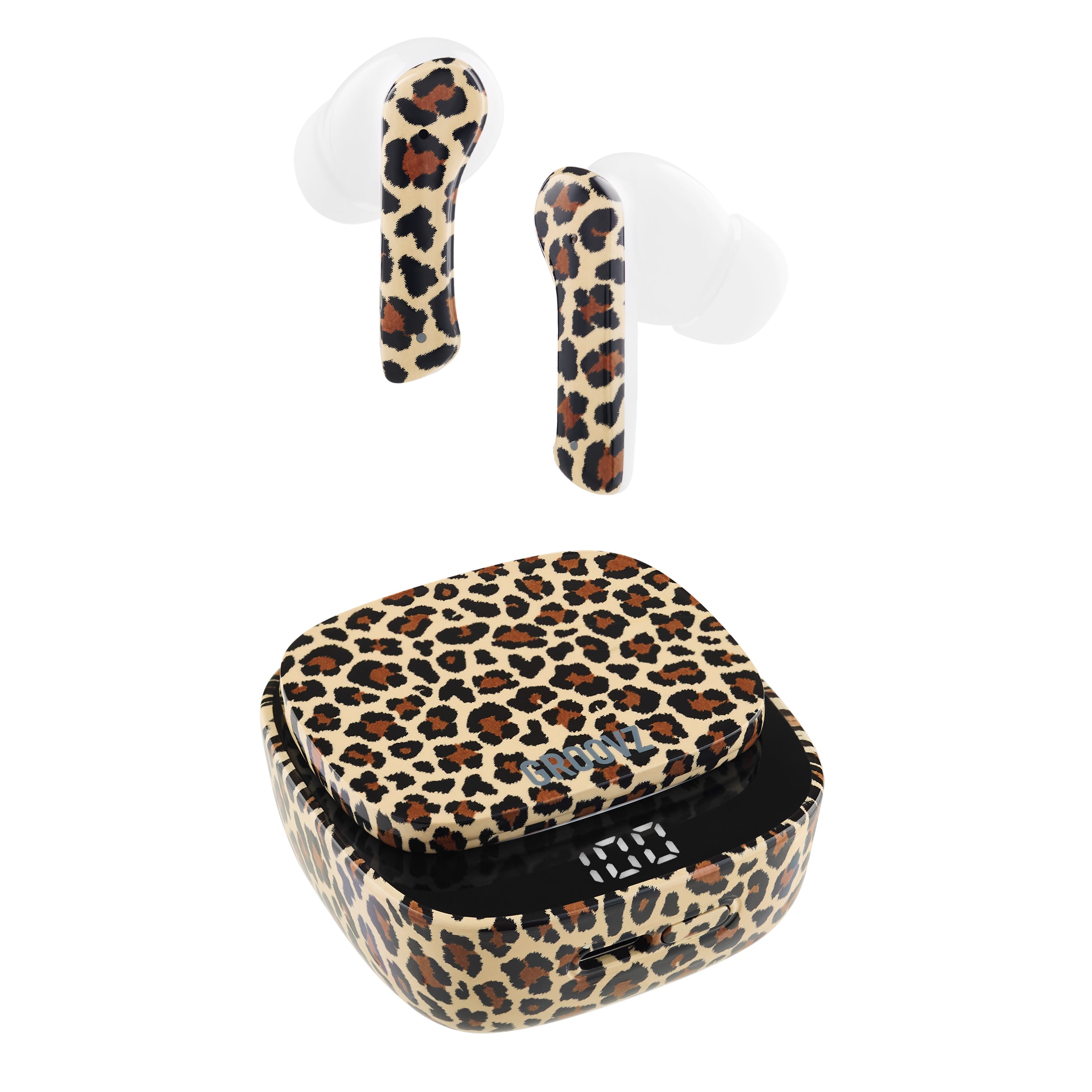 Groovz True Wireless Earbuds in Leopard print with LED Display Charging Case – 26H Battery Life, Bluetooth 5.3, and Modern Minimalist Design