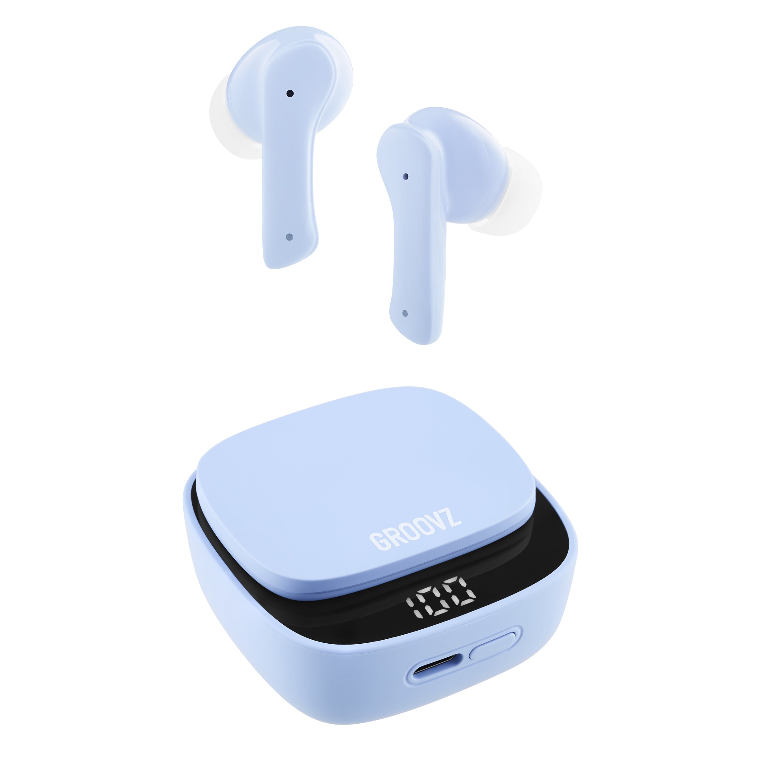 Groovz True Wireless Earbuds in Light Blue with LED Display Charging Case – 26H Battery Life, Bluetooth 5.3, and Modern Minimalist Design