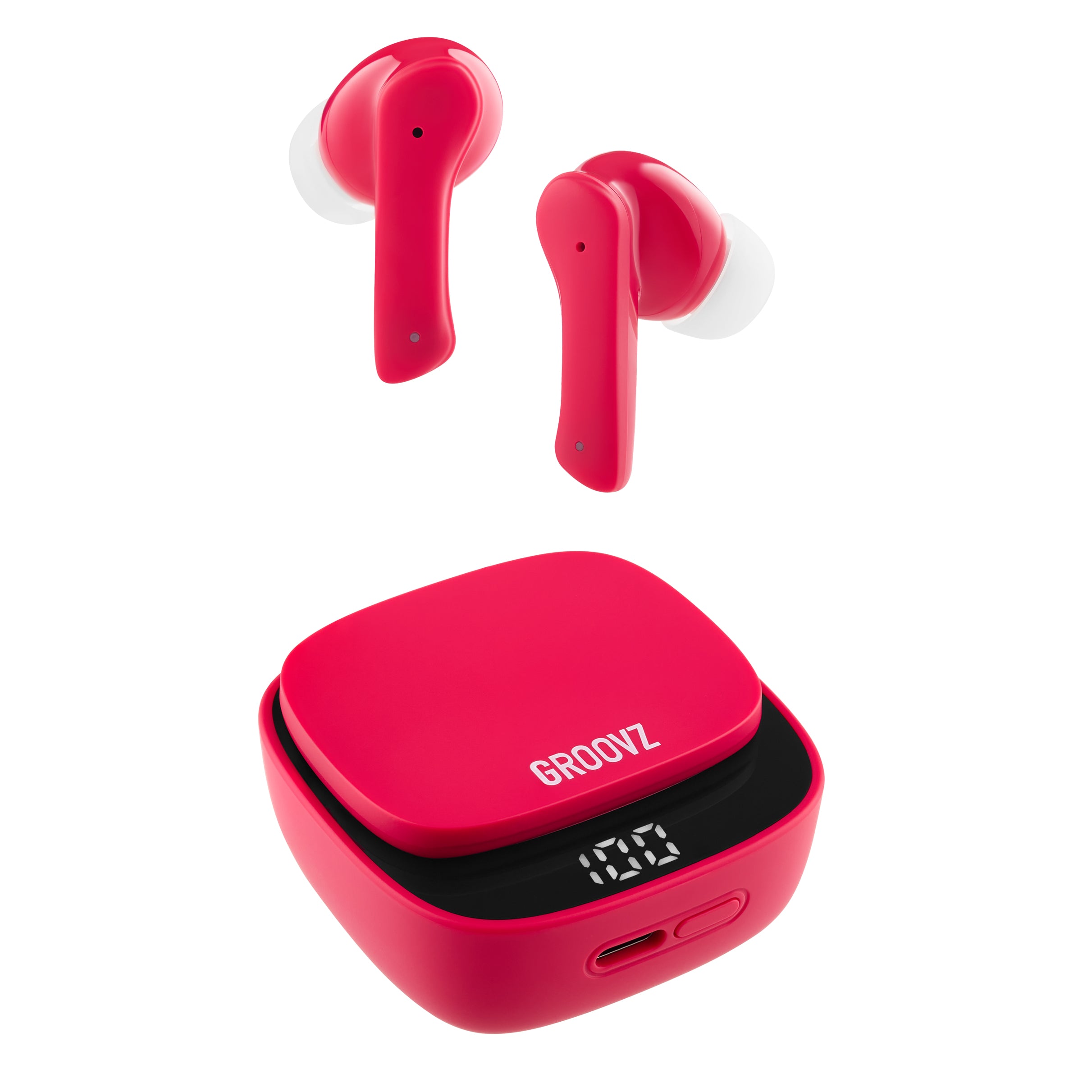 Groovz True Wireless Earbuds in Magenta with LED Display Charging Case – 26H Battery Life, Bluetooth 5.3, and Modern Minimalist Design