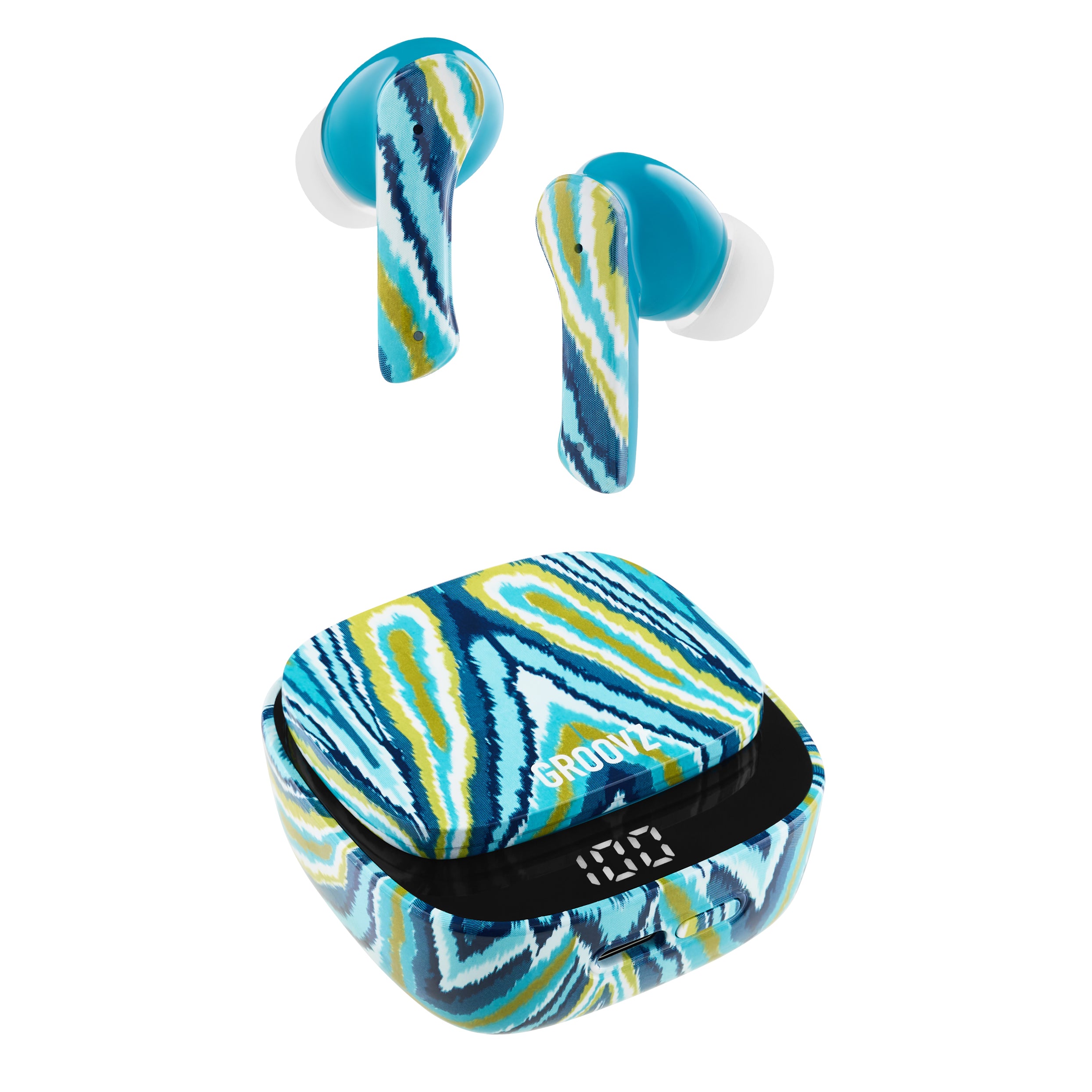 Groovz True Wireless Earbuds in Peacock print with LED Display Charging Case – 26H Battery Life, Bluetooth 5.3, and Modern Minimalist Design