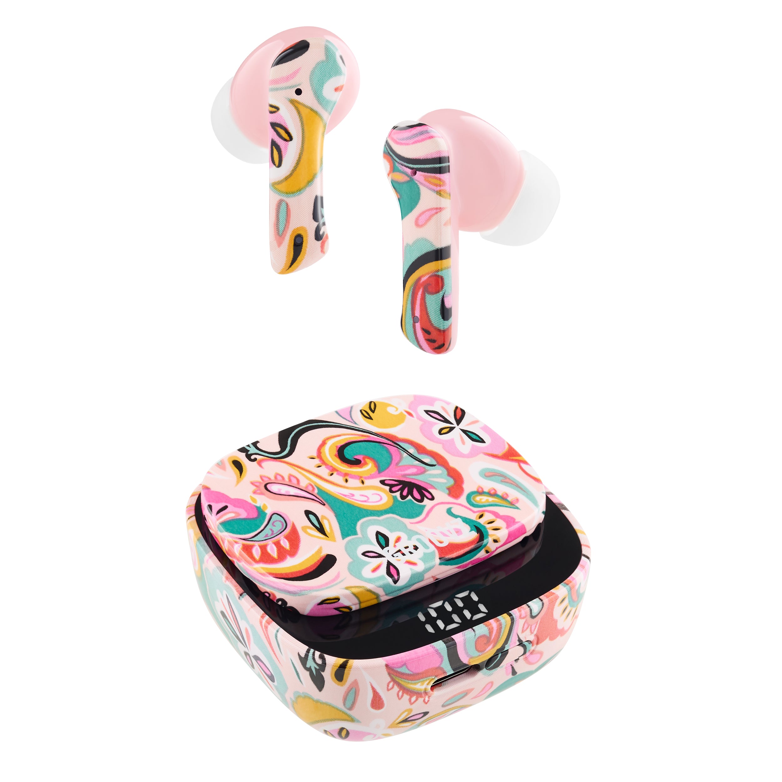 Groovz True Wireless Earbuds in Pink Paisley print with LED Display Charging Case – 26H Battery Life, Bluetooth 5.3, and Modern Minimalist Design