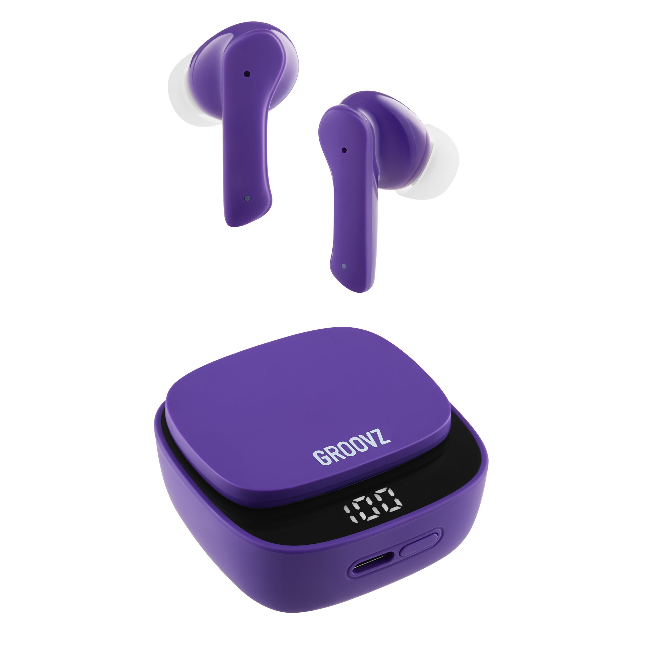 Groovz True Wireless Earbuds in Deep Purple with LED Display Charging Case – 26H Battery Life, Bluetooth 5.3, and Modern Minimalist Design