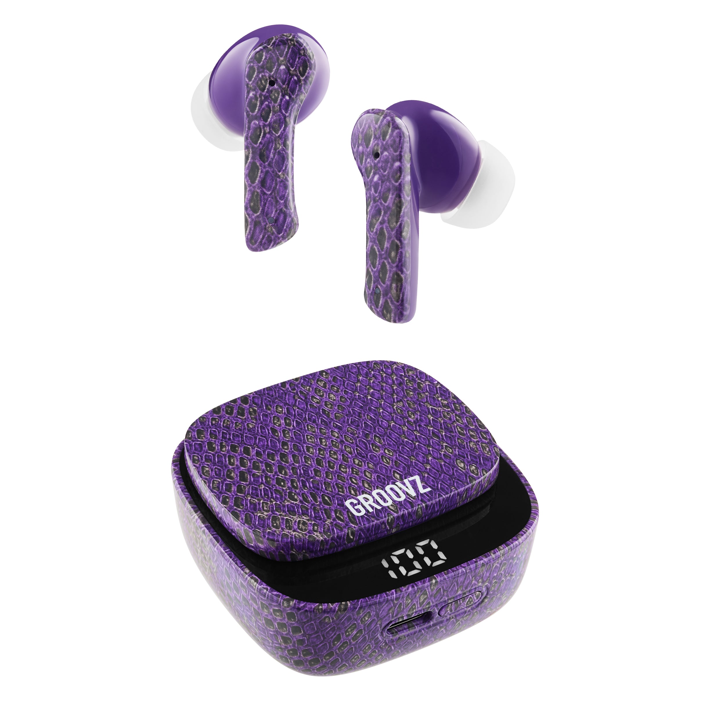 Groovz True Wireless Earbuds in Purple Python print with LED Display Charging Case – 26H Battery Life, Bluetooth 5.3, and Modern Minimalist Design