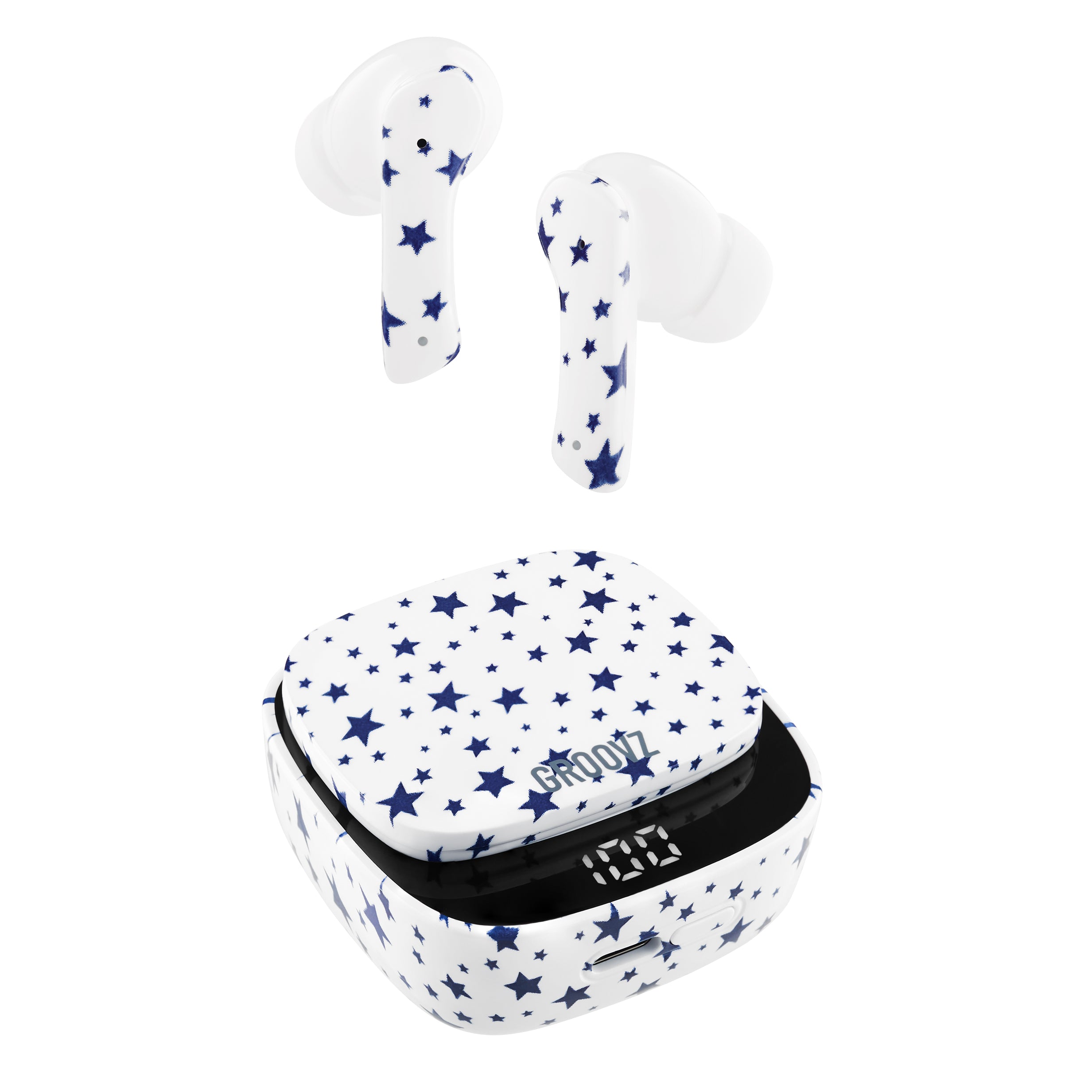 Groovz True Wireless Earbuds with LED Charging Case in Starry Night White – Limited Edition Design with 26H Battery and Bluetooth 5.3