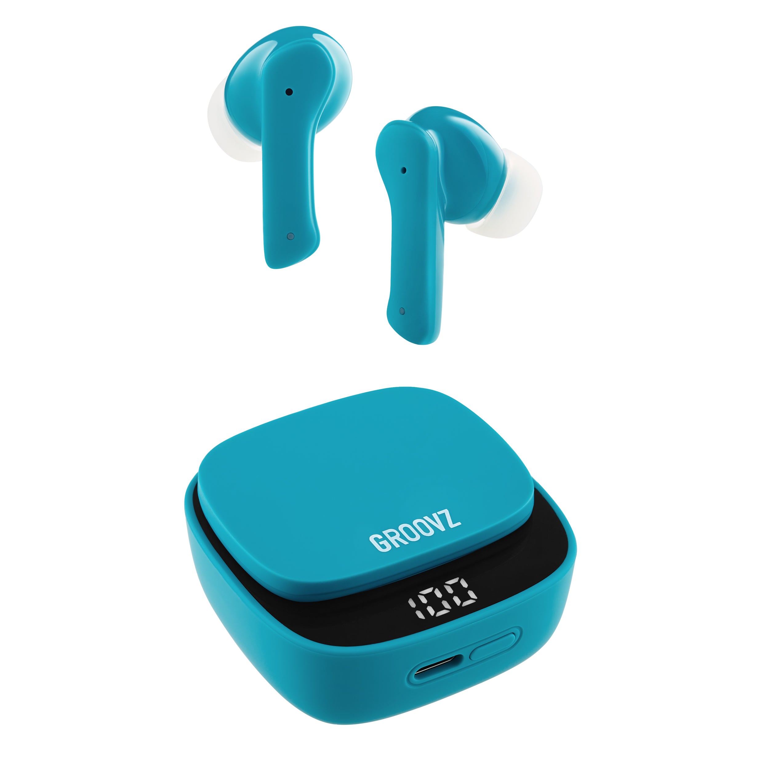 Groovz True Wireless Earbuds in Teal with LED Display Charging Case – 26H Battery Life, Bluetooth 5.3, and Modern Minimalist Design