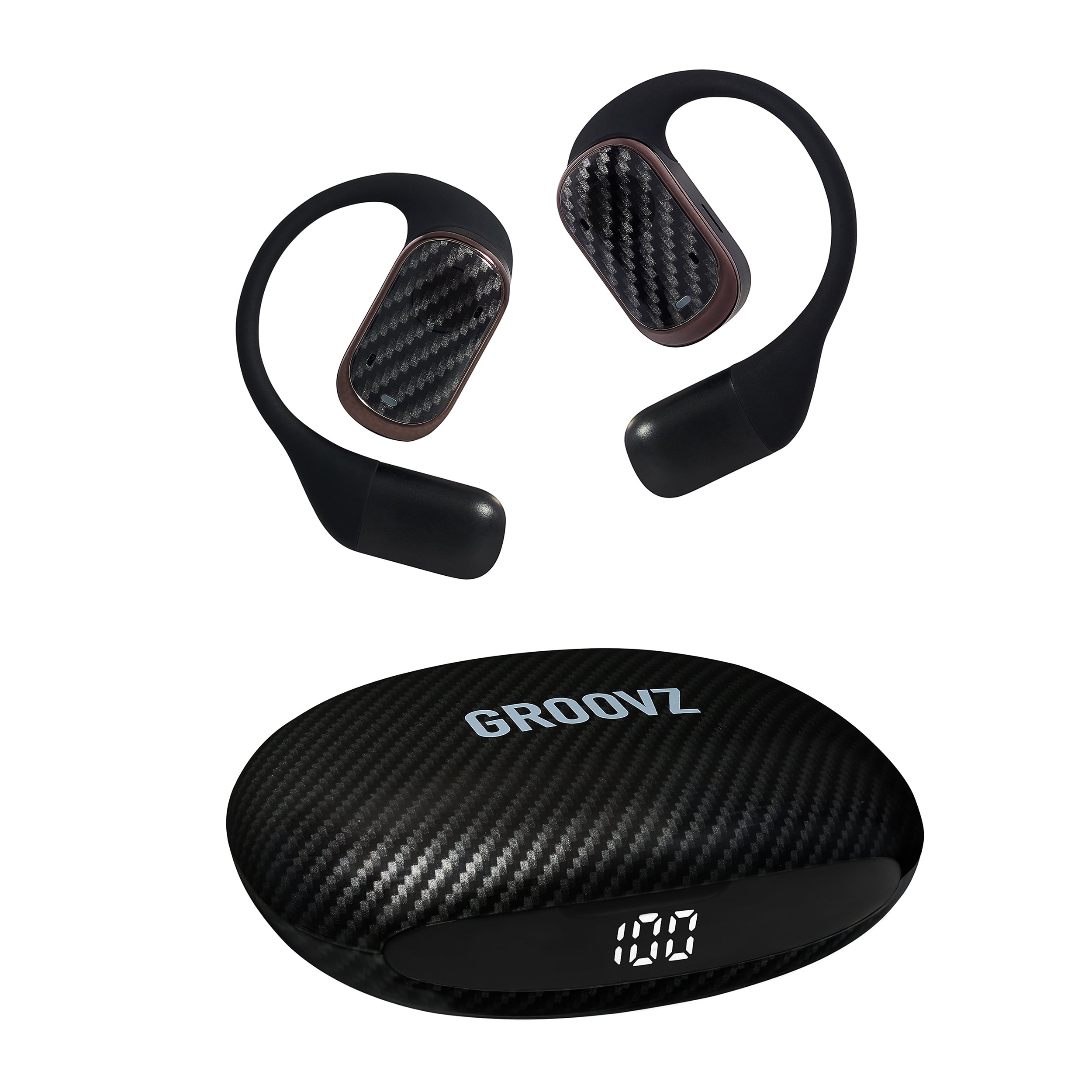 Groovz Pro Open-Ear Wireless Earbuds with LED Charging Case in Carbon Fiber Finish – Black Sport Fit with 30H Battery Life