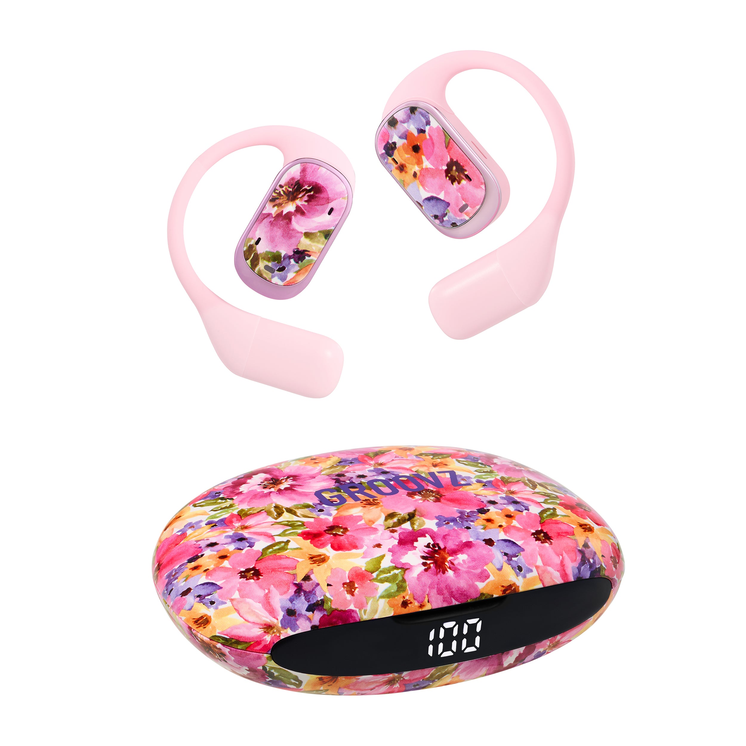 Groovz Pro Open-Ear Wireless Earbuds with LED Charging Case in Floral Finish – Floral Sport Fit with 30H Battery Life