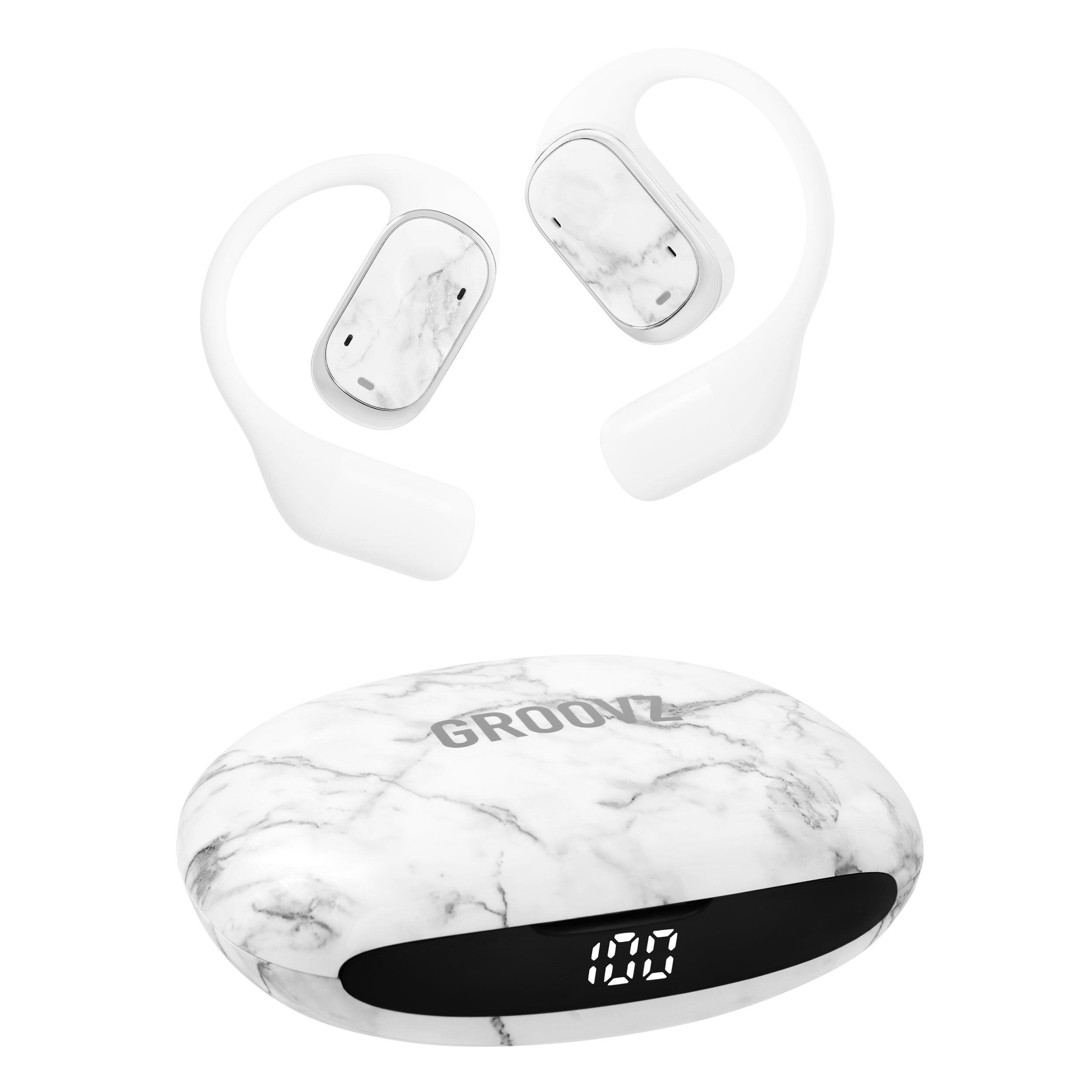 Groovz Pro Open-Ear Wireless Earbuds with LED Charging Case in White Marble Finish – Marble Sport Fit with 30H Battery Life