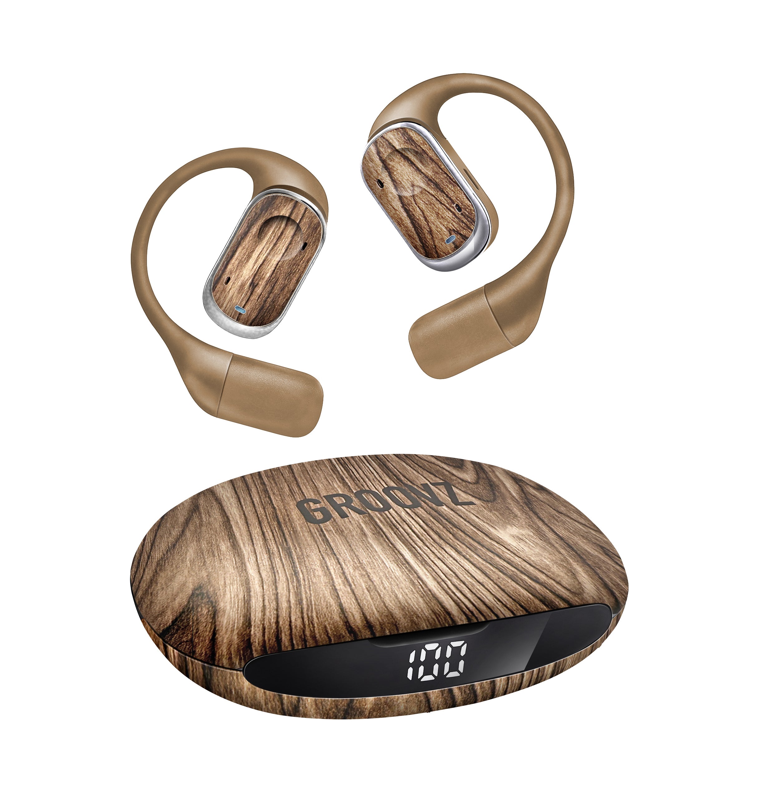 Groovz Pro Open-Ear Wireless Earbuds with LED Charging Case in Wood Grain Finish – Wood Grain Sport Fit with 30H Battery Life