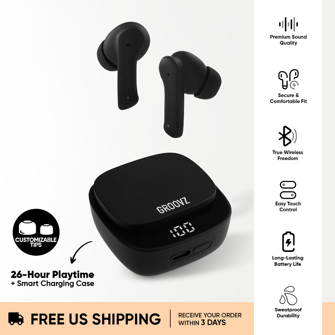 Groovz True Wireless Earbuds | 26-Hour Playtime + Smart Charging Case