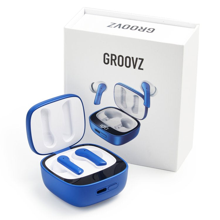 groovz bluetooth earphones in box sleek design blue color wireless technology perfect for on the go music lovers