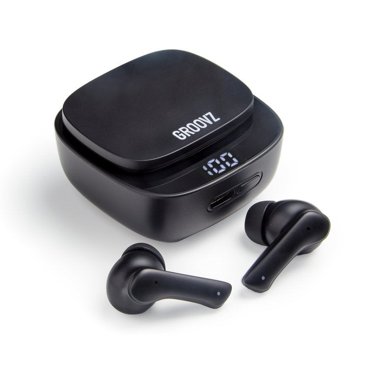 black wireless earbuds with a charging case displaying the brand name "GROOVZ" and a digital battery indicator