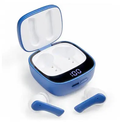 Blue and white wireless earbuds with a matching case, showing slots and an LED display reading "100."