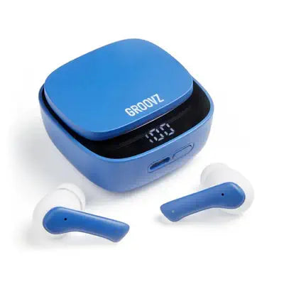 blue wireless earbuds with white tips and matching charging case. The case features an LED battery display, charging port, and "GROOVZ" branding on the lid.