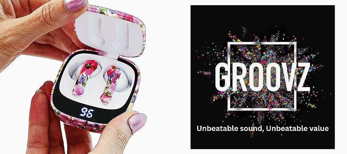 a hand holds a floral-patterned charging case with matching earbuds. Next to it, "GROOVZ" and "unbeatable sound, unbeatable value" are displayed