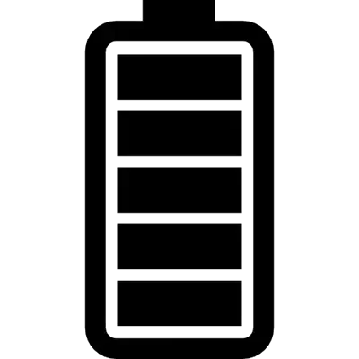 simple black and white icon of a battery with five segments, indicating a full charge